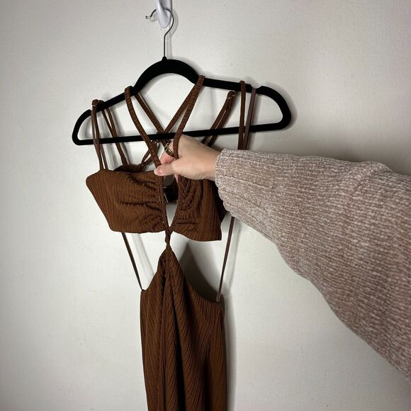 Rumer The Label Chocolate Ribbed Oasis Bandeau Style Cut Outs Lined Maxi S - Picture 5 of 16